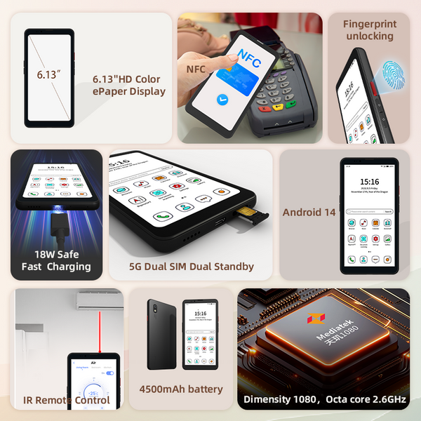 Android 14 Hibreak pro Color 6'' E ink Eye-Friendly Smartphone